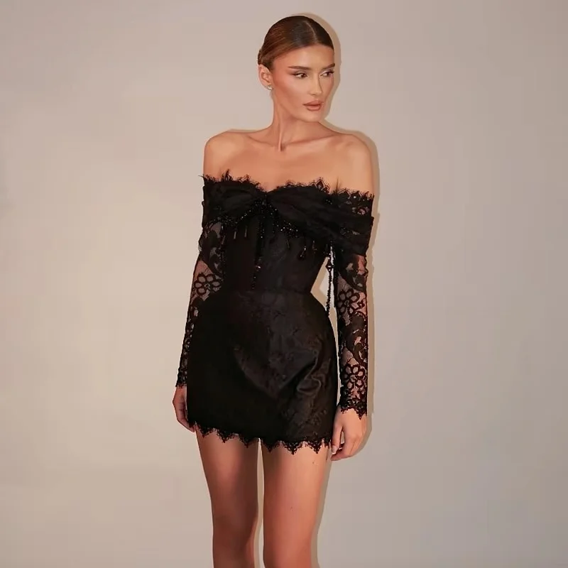 Ladies Off Shoulder Lace Dresses Long Sleeve Beaded Bow Black Mini Dress Slim Cocktail Party Dresses For Women