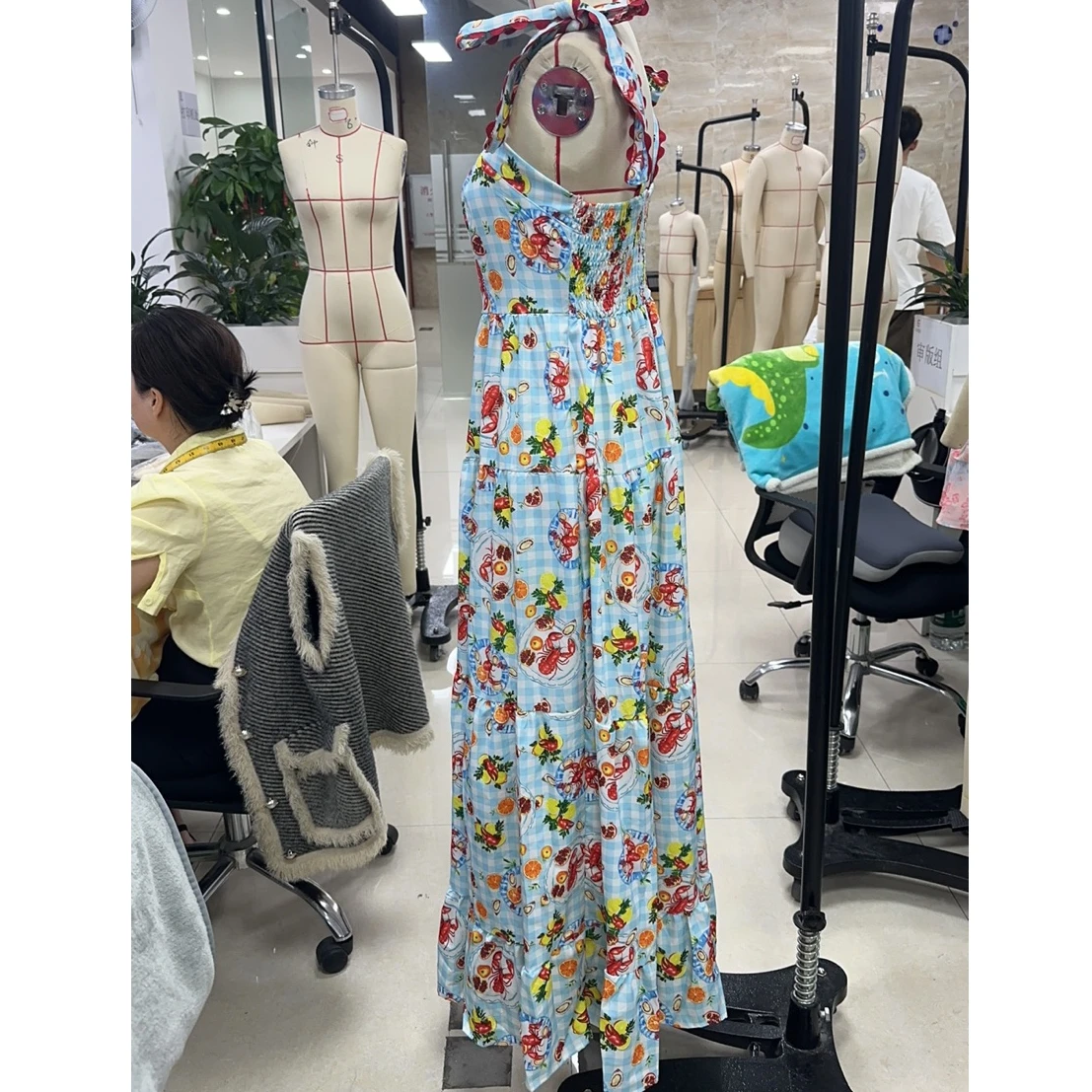 Dames elegante patchwork cartoon print cami-jurk mouwloze spaghettibandjes bodycon lange jurk zomerfeestjurk