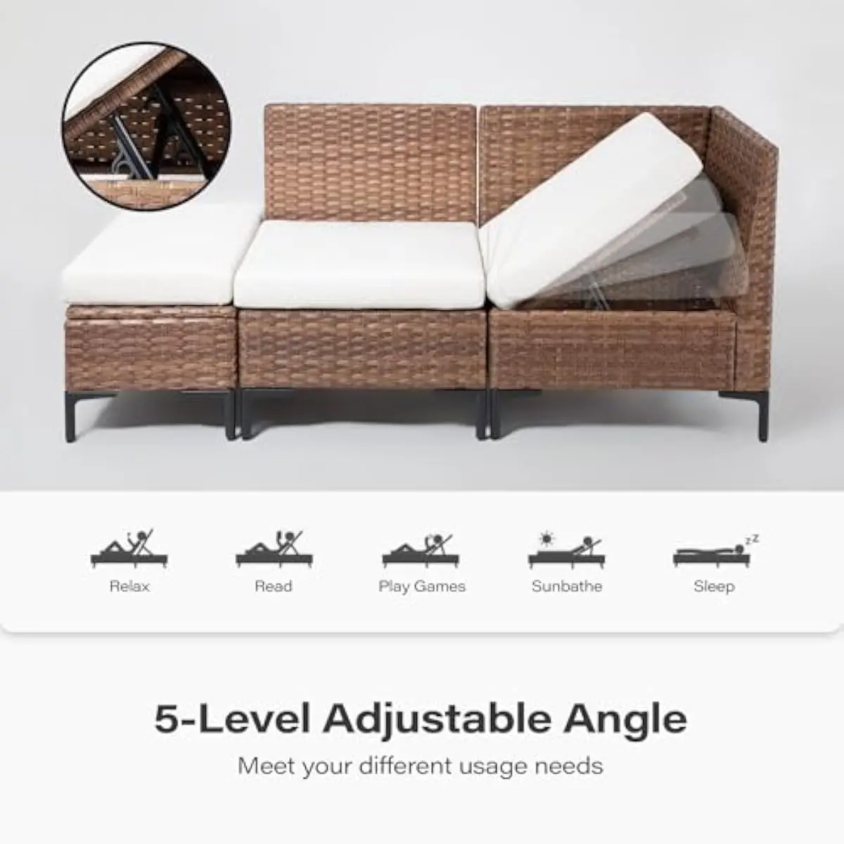 8-Piece Modern Outdoor Living Set Featuring PE Wicker Sectional Sofa with 5-Position Adjustable Backrests Storage Ottoman Wood-G