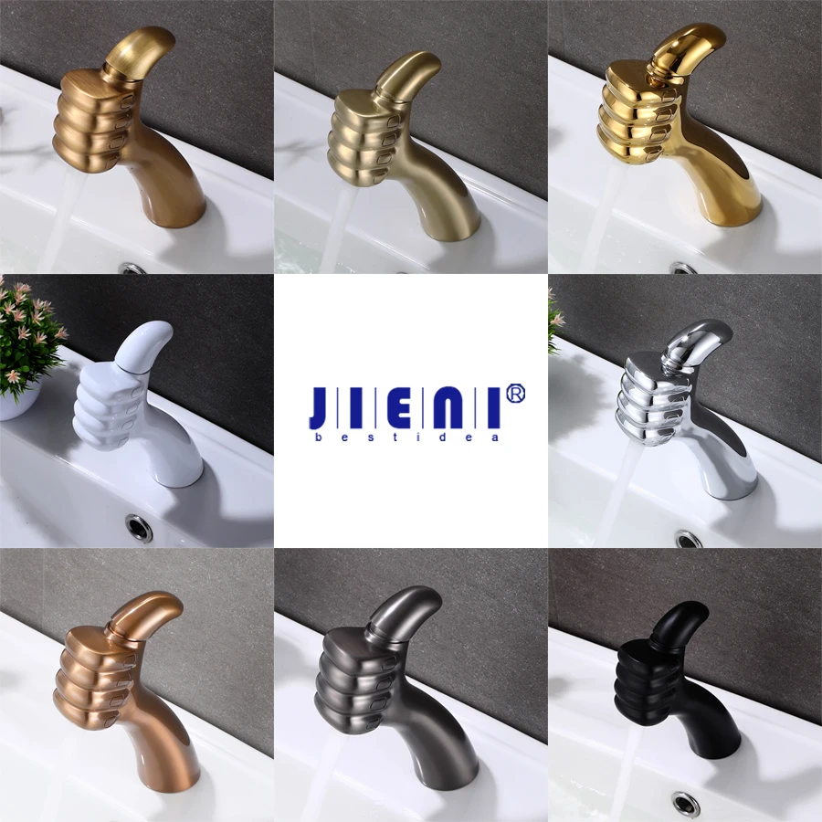 

JIENI Solid Brass Bathroom Sink Faucet Modern Design Thumbs Style Washbasin Lavatory Hot Cold Water Single Hole Mixer Taps