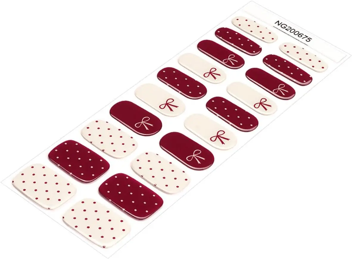 شرائط أظافر جل شبه معالجة من Polka Dot - 20 قطعة باللون العنابي مع فيونكة، أغطية طويلة الأمد على طراز الصالون، تتضمن ملف وعصا - UV/LED L