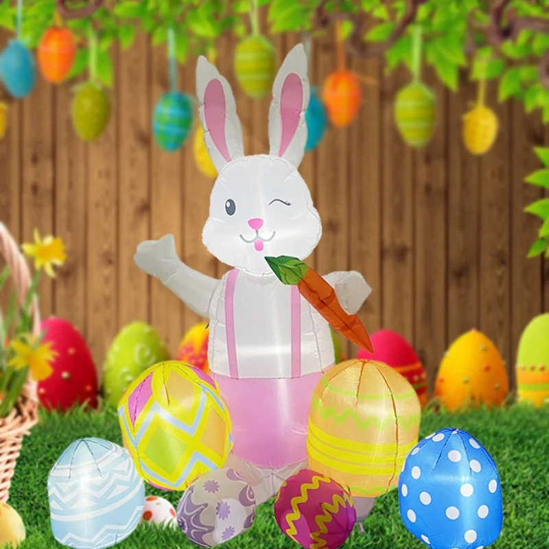 125cm Inflatable Standing Rabbit Holding Carrot with Easter Eggs Decoration Built-in LED Easter Party Outdoor Garden Yard Decor