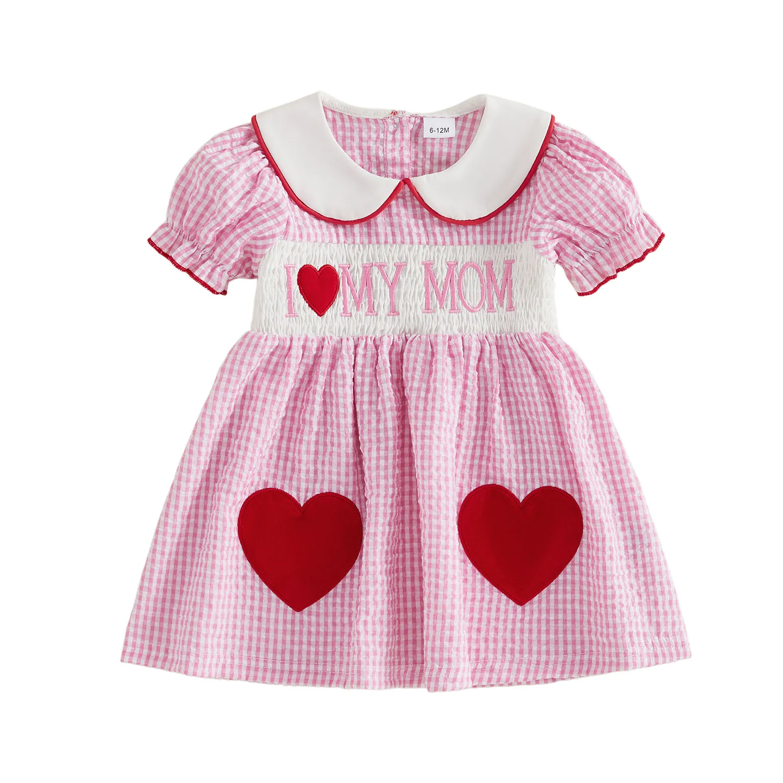 

Little Girls A-line Plaid Dress Summer Short Sleeve Doll Collar Letter Heart Embroidery Dress
