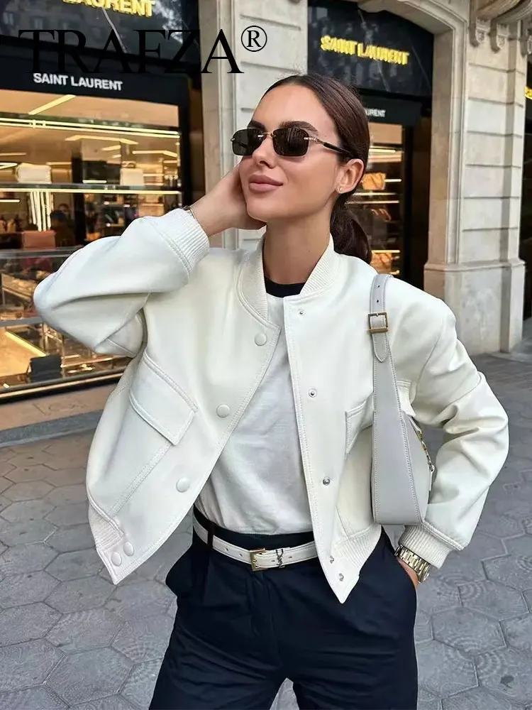 TRAFZA 2023 Women Elegant White Jakcet  Zipper Long Sleeve Button Bomber Jacket Spring Woman Casual Coats Streetwear Top