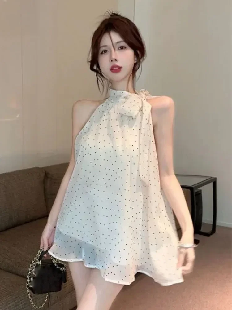 

Sweet Dot Shirts Women Elegant Bow Bandage Blouses Vintage Halter Print Tops Summer Korean Sleeveless Casual Clothes New