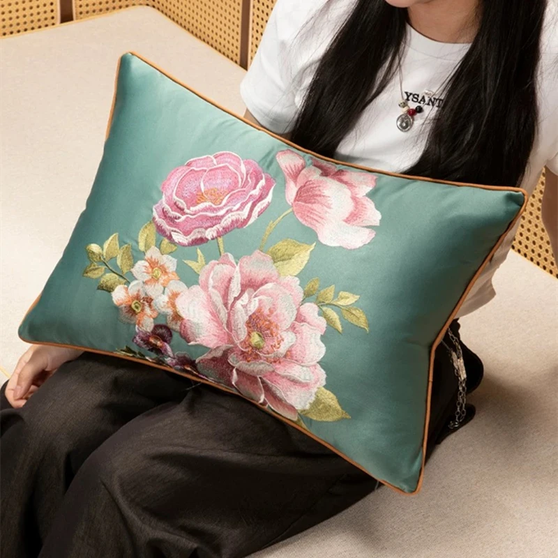 Luxury Chinese Style Designer Lumbar Pillow Case Embroideried Flowers 35x50cm Home Chair Decorative Cushion Cover 1 Piece Pack