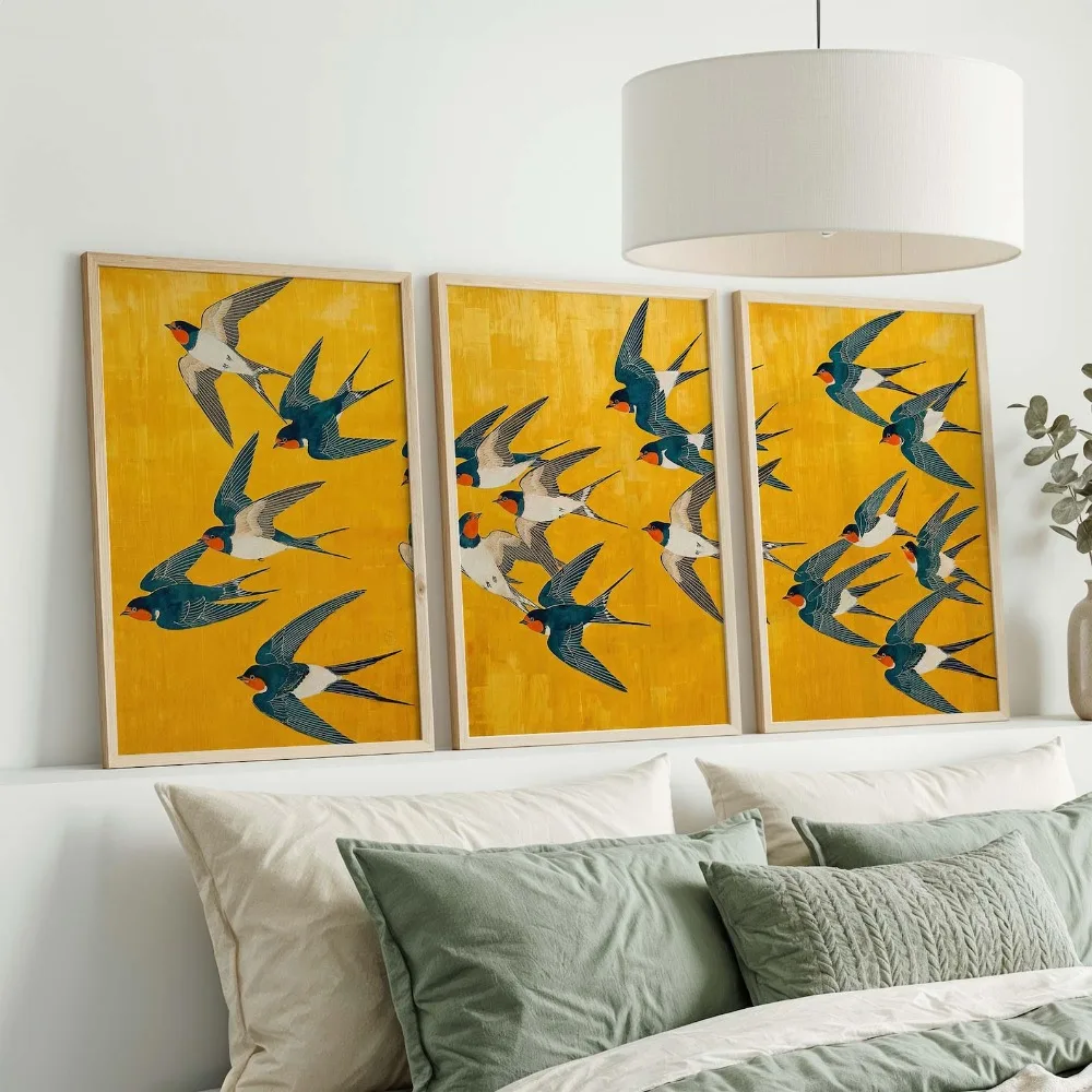 3pcs Frameless,Swallow Bird Poster,Japanese Art Prints,Yellow and Blue Wall Art,Bohemian Style,Living Room  Bedroom Decoration