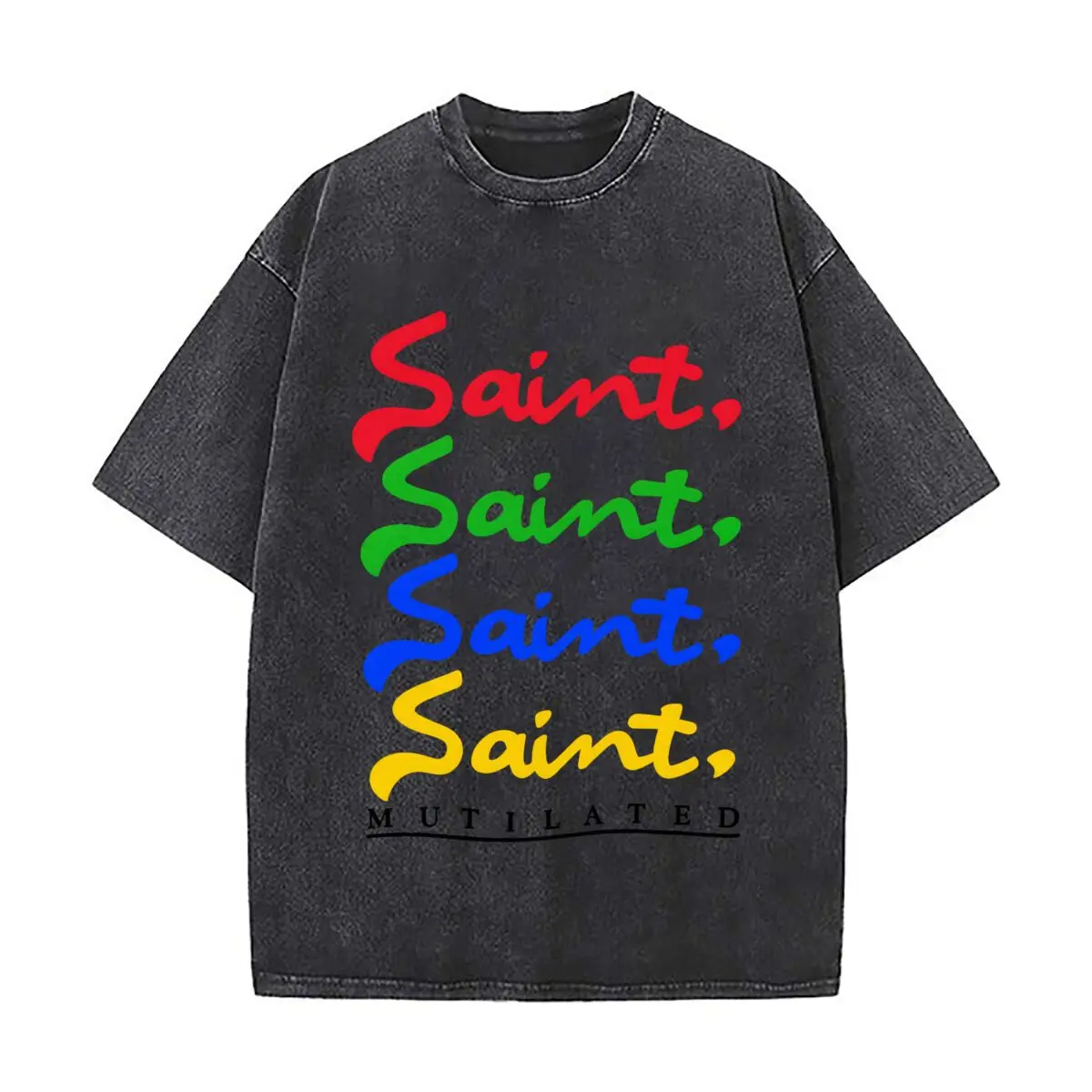 Saint Saint Saint Saint Mutilated Colorful Typography Washed Distressed Loose Streetwear Tops for City Walks