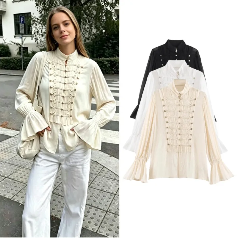 Women's Chiffon Blouses Autumn New Fashion Flare Sleeve Rope Knot Decoration Shirt Vintage Sheer Female Elegant Tops