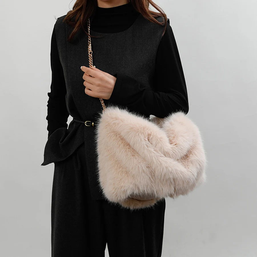 

Зимняя женская сумка из искусственного лисьего меха, модные плюшевые кошельки, сумка с тканым ремешком, женская сумка на плечо, сумки-мессенджеры с цепочками большой вместимости