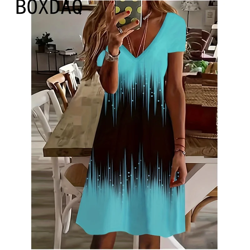 Fashion Colorful Gradient Printed A Line Knee Length Dress Women Summer Short Sleeve V-Neck Casual Loose Dress Big Size Dress