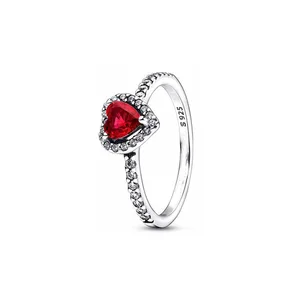 925 Sterling Silver Merah Merah Muda Biru Hijau Batu Hati Ukuran 6 7 8 9 Kepingan Salju Daisy Cincin Cincin Pernikahan Fashion Perhiasan Wanita 6 cincin asli penjualan terbaik - №