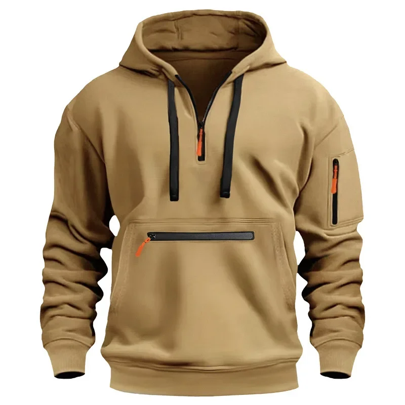 

Men's casual sports hoodie, spring and autumn fashion arm pocket pull rope hooded solid color loose long-sleeved blouse pullover