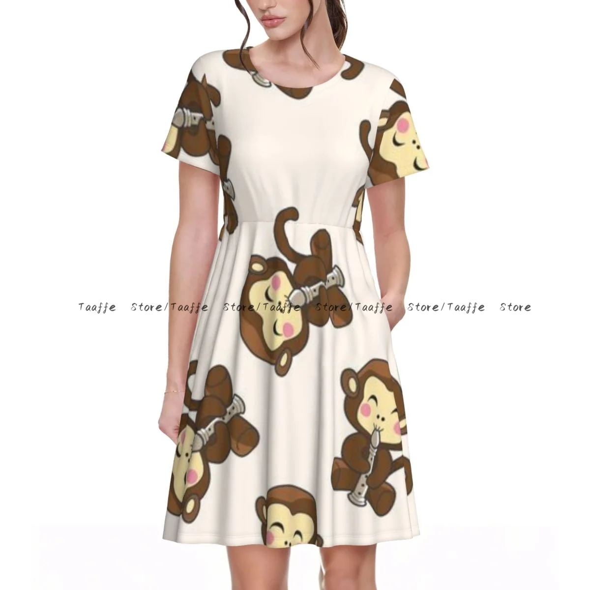 Women Dress Monkey Playing Instrument Cartoon Pattern Summer Elegant O Neck Short Sleeve Female Casual Loose Long Dress