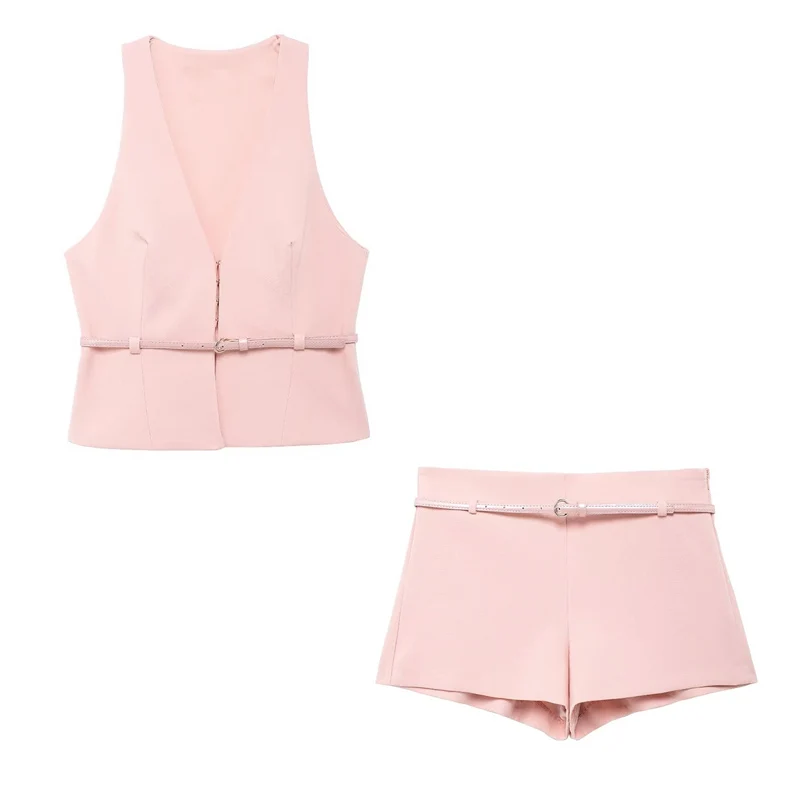 KUCLUT Women Fashion Chic Pink Set With Belts Female Hidden Buttons Tank Tops Side Zipper Shorts Casual Outfits