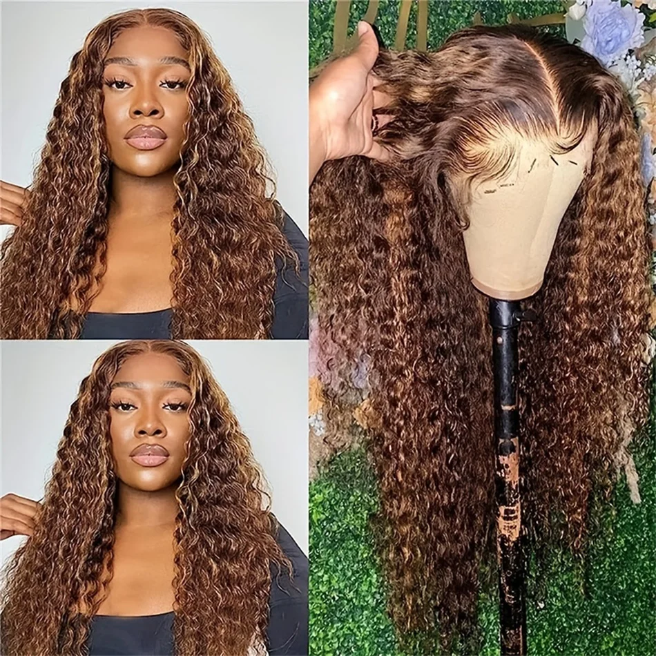 

180 Density 30 Inch Highlight Honey Brown Remy Curly Lace Front Human Hair Wigs 13x4 Ombre Colored Deep Water Wave Frontal Wigs