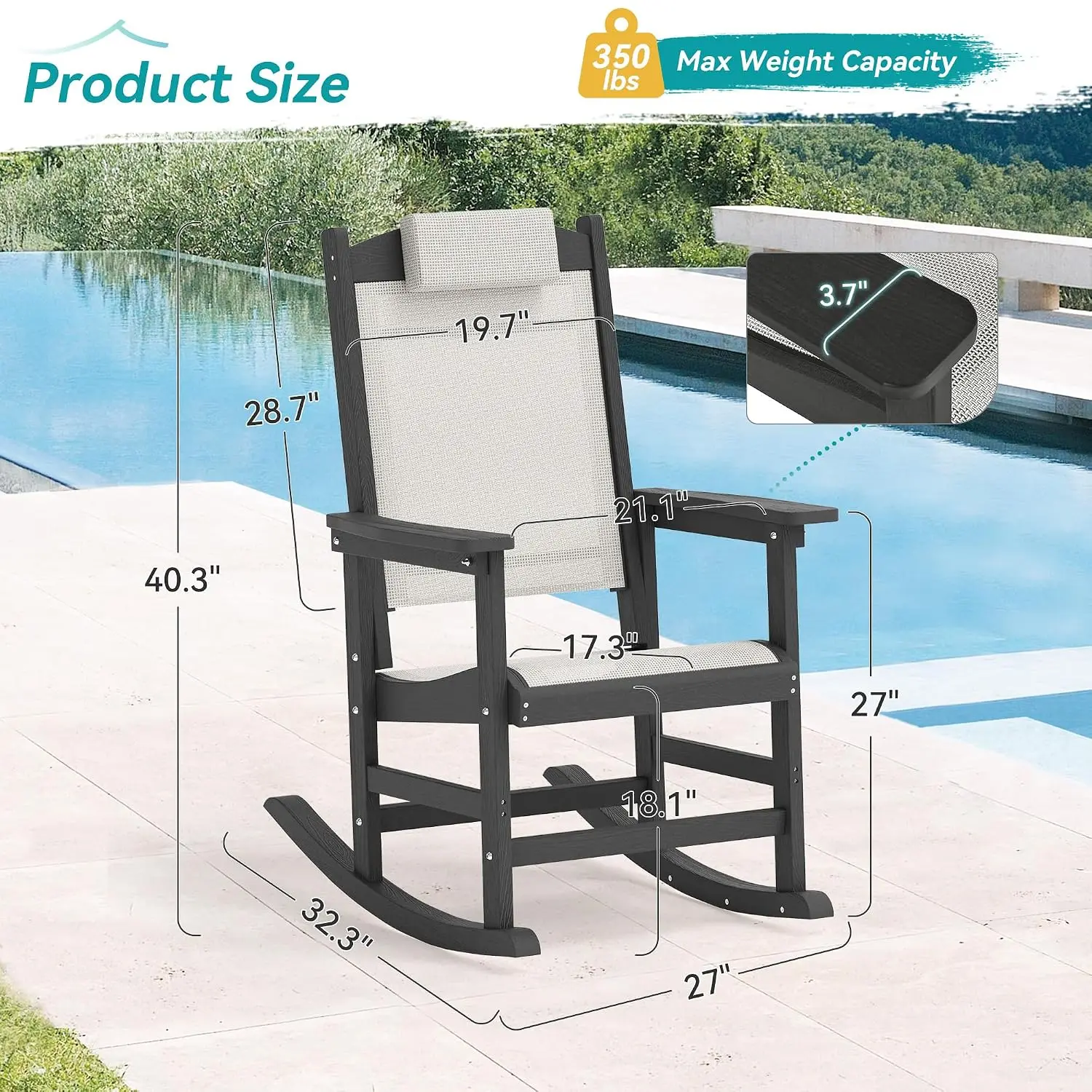 HDPE Rocking Chair Set of 2 Removable Headrest All-Weather Textilene Rocker High Back Patio Porch Garden Lawn Black, Customized