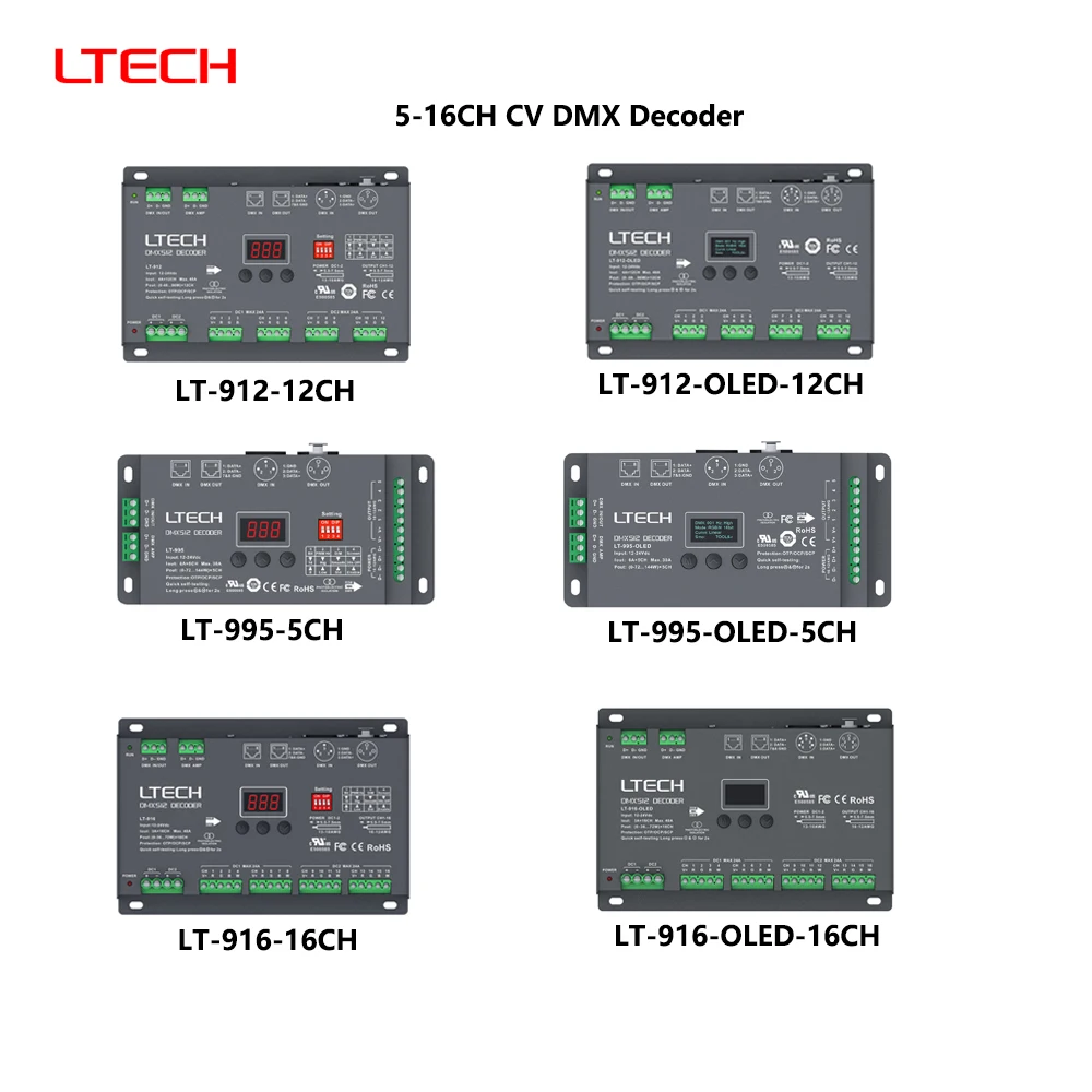 LTECH LT-912 DC12-24V DMX512/RDM 5/12/16CH 3-6A/CH CV 8/16bit Digital Display XLR3pin RJ45 PWM Decoder For RGB/RGBW/RGBWY Led