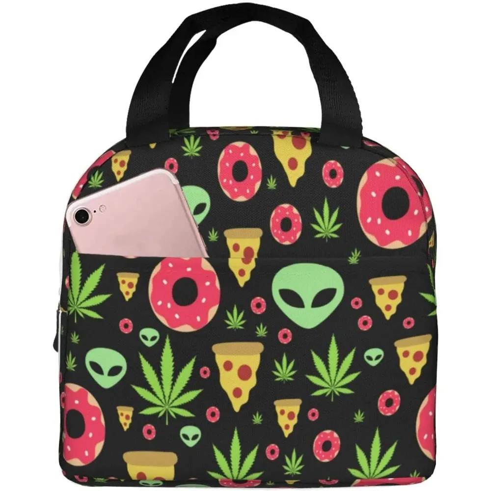 Alien Donut Pot Leaf Weedleaf Pizza Thermal Lunch Bag Reusable Insulated Tote Bag for Adults Kids Work School Picnic Travel