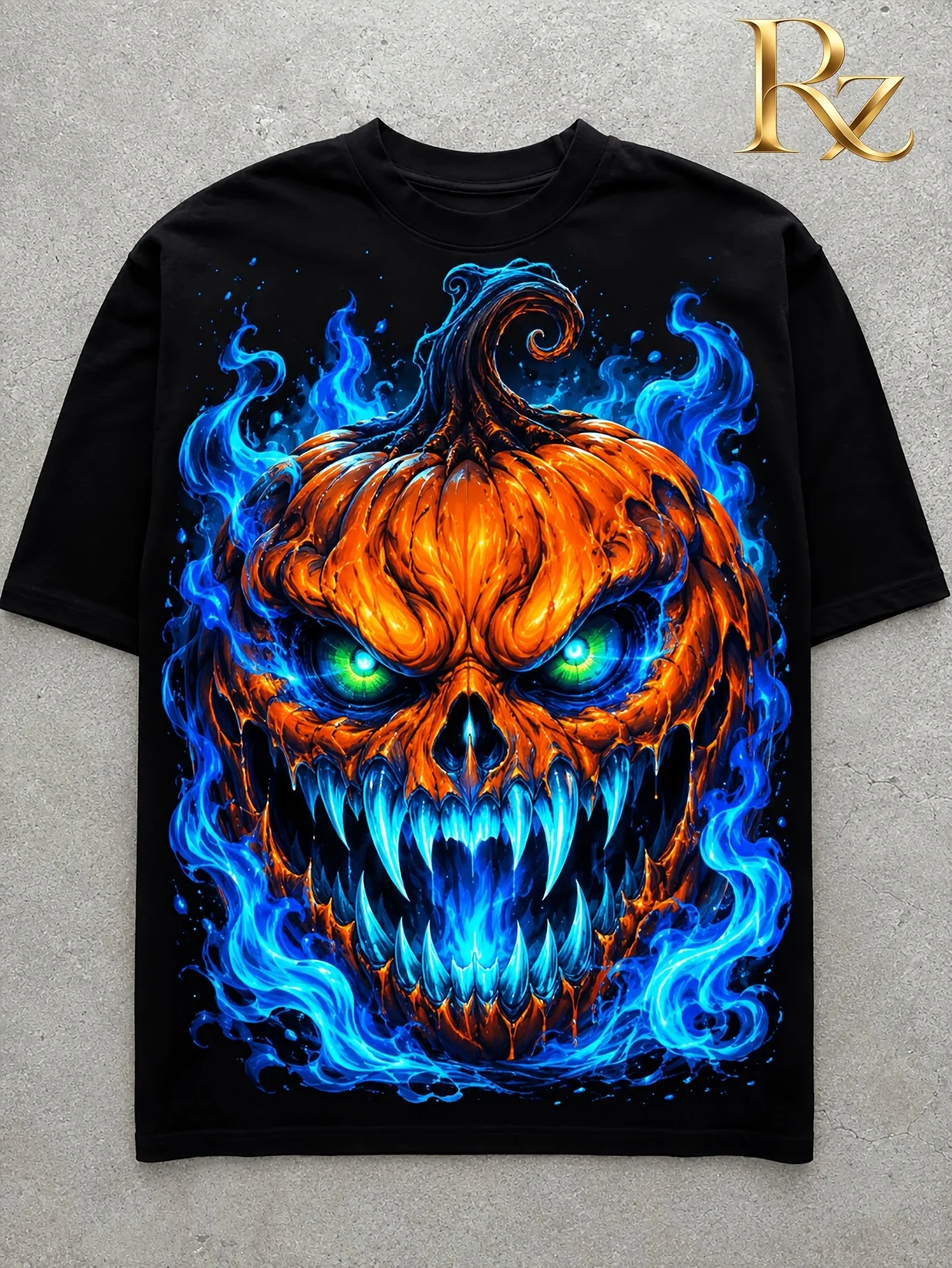 Blue Flame Devil Pumpkin Print Casual Short Sleeve T-Shirt, Unisex