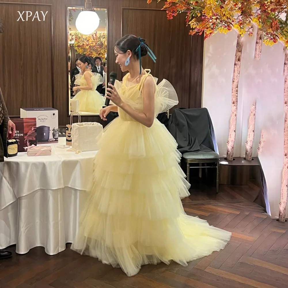 XPAY Soft Yellow Japan Korea Straps A Line Evening Dresses Photos Shoot Layers Tiered Formal Party Dreses Prom Dress Customized