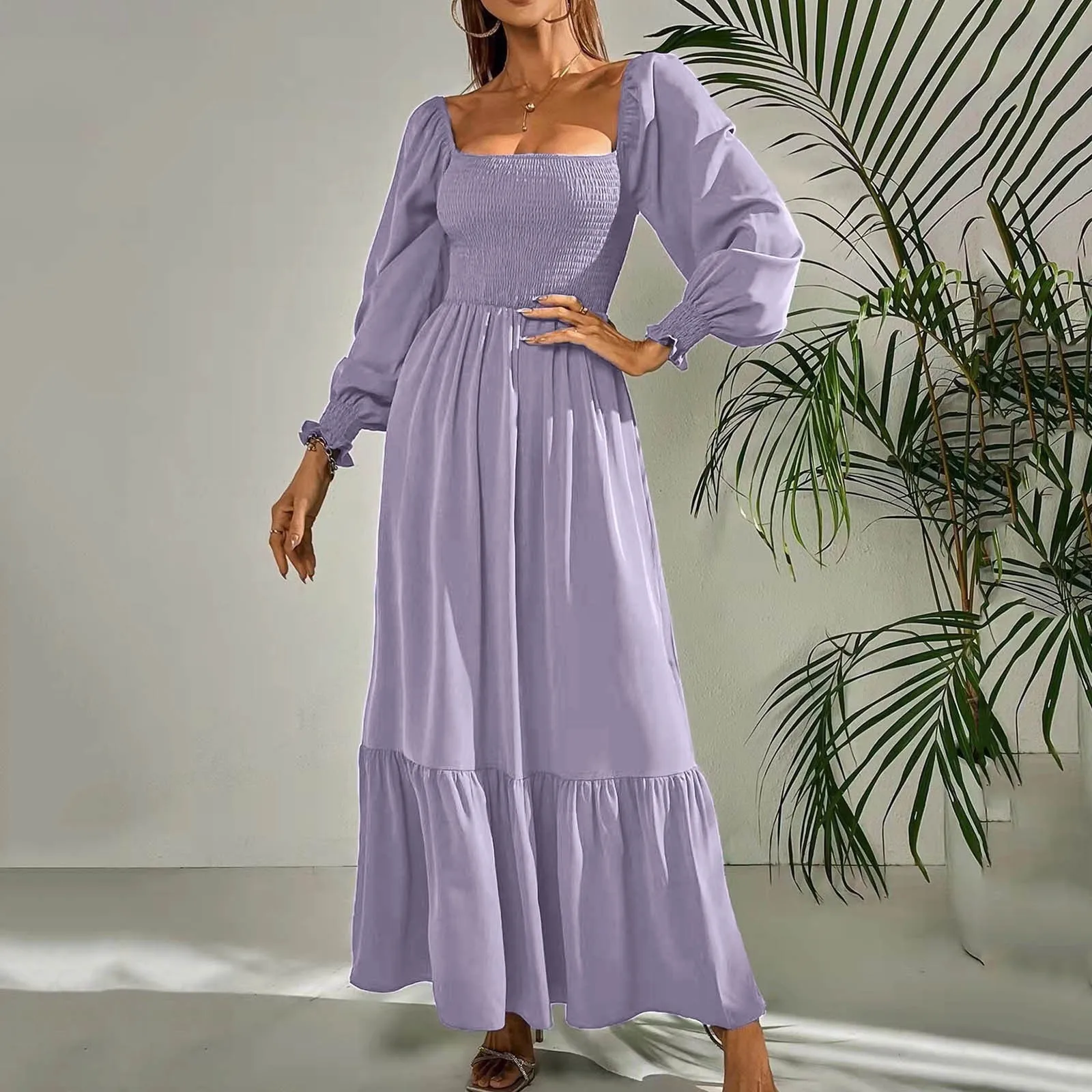 

High Waisted Square Neck Elegant Long Dress Women Solid Color Slim Fit Long Lantern Sleeve Dresses Elastic Casual Pleated Dress