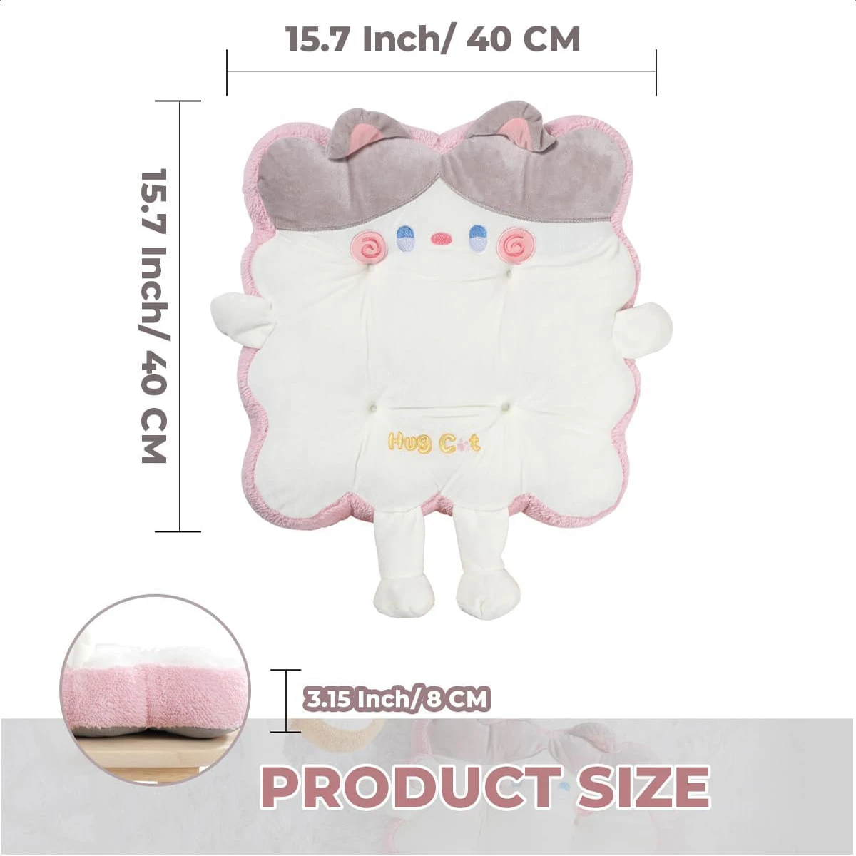 Cute Cat Toast Pillow Cushion Soft Plush Washable Seat Pads Non Slip Washable Square Cushion Pads for Office Bedroom and Car