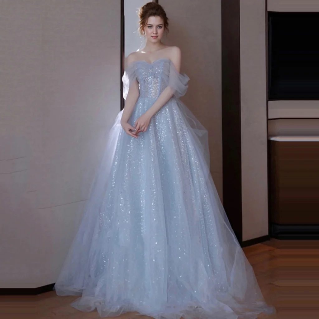 

Customized Sequined Blue Boat Neck Prom Dress Sweetheart Tulle Evening Party Dresses For Woman Plus Size Vestidos De Novia