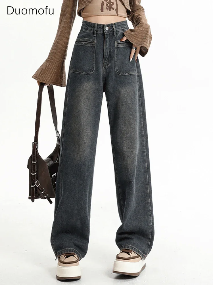 

Duomofu New Classic Full Length Loose Straight Female Jeans Spring Chicly High Waist Slim Fashion Solid Color Simple Women Jeans