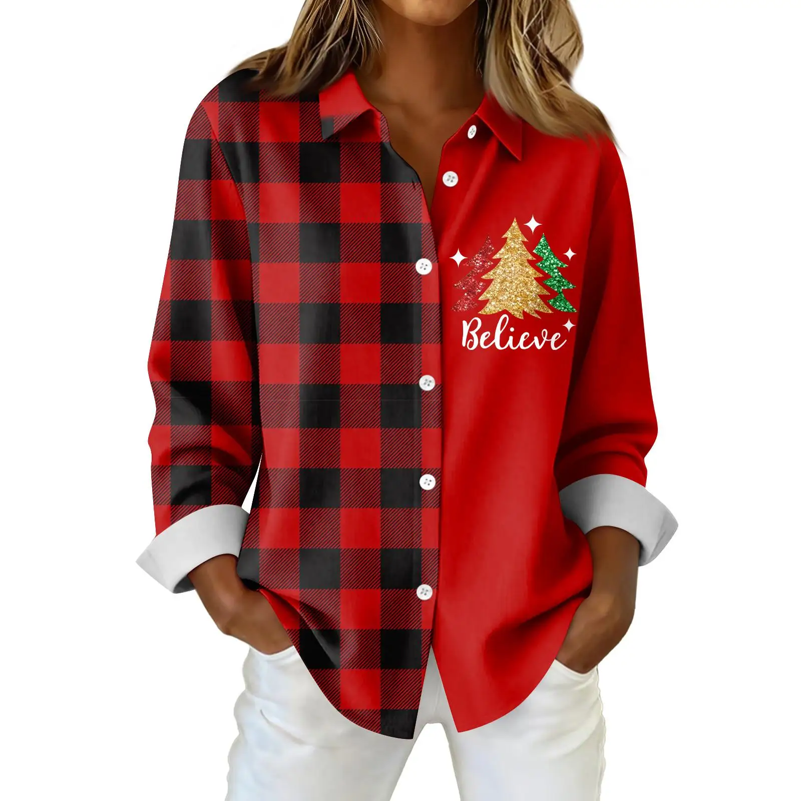 

Women's Long Sleeve Shirt Elegant Christmas Party Tops Loose Casual Style Christmas Red Plaid Print Patterns Ladies Shirt Blouse