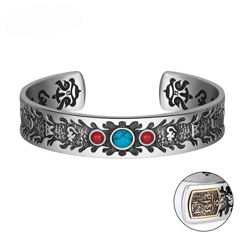 

Free shipping high-quality jewelry - six character mantra inlaid turquoise titanium steel men's bracelet with adjustable opening