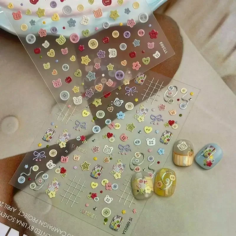 Kawaii Embossed Cartoon Buttons DIY Nail Art Stickers For Scrapbook Journal Material Decor Decals