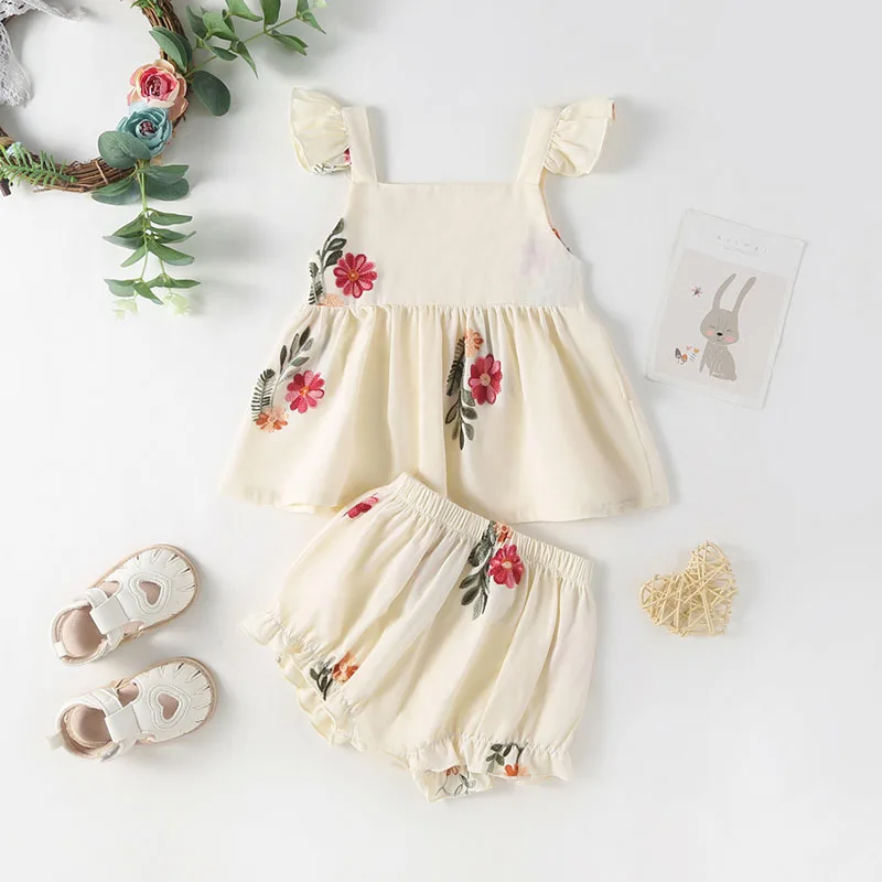 2026 Summer Infant Girls Floral Puff Sleeve Bodysuit Toddler Tee And Shorts 2PCS Sets ﻿Children\'s Outfit Embroidered Baby Sets