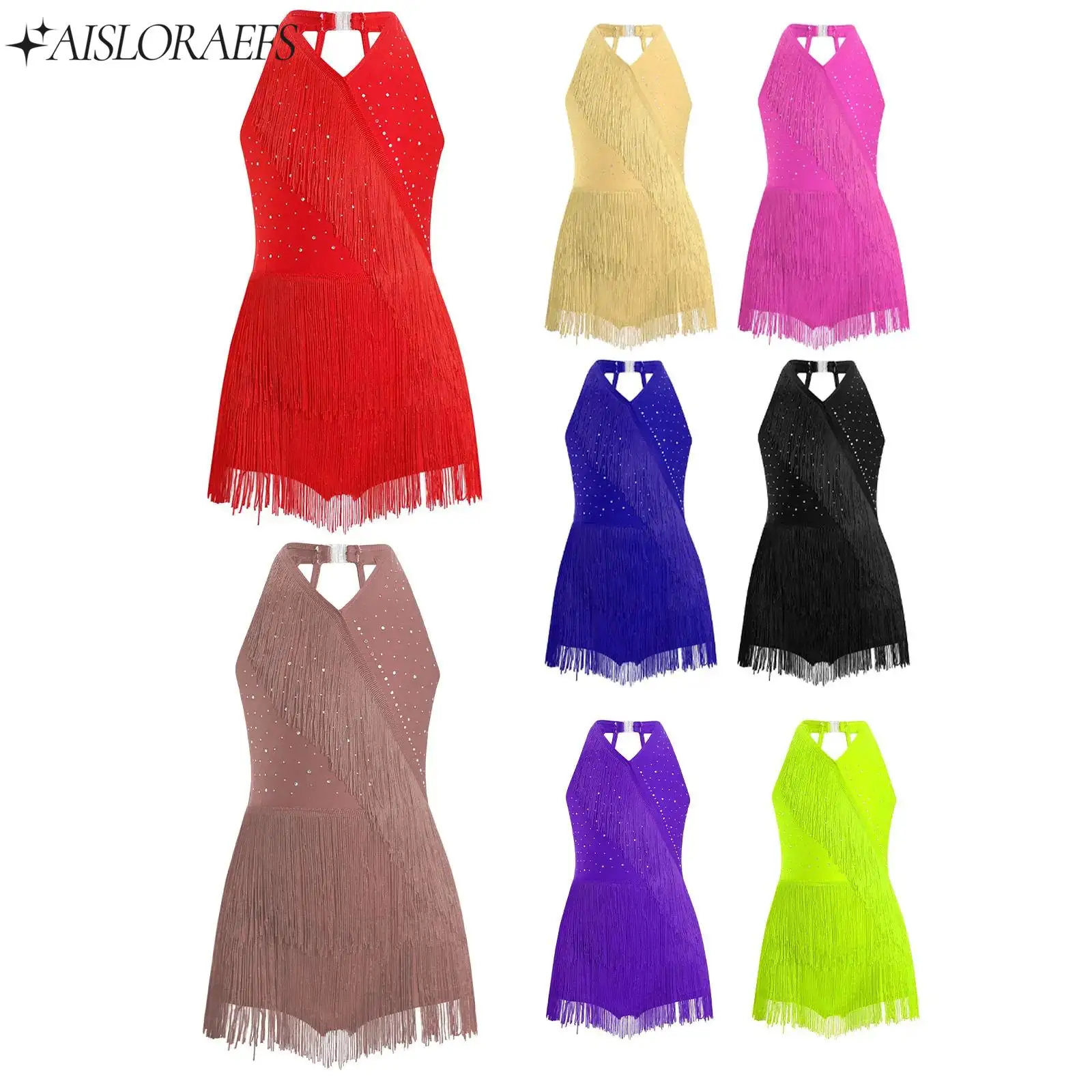 Sequins Latin Dance Dress for Girls Kids Shiny Tassel Leotard Dress Professional Dancing Competition Chacha Rumba Tango Costumes