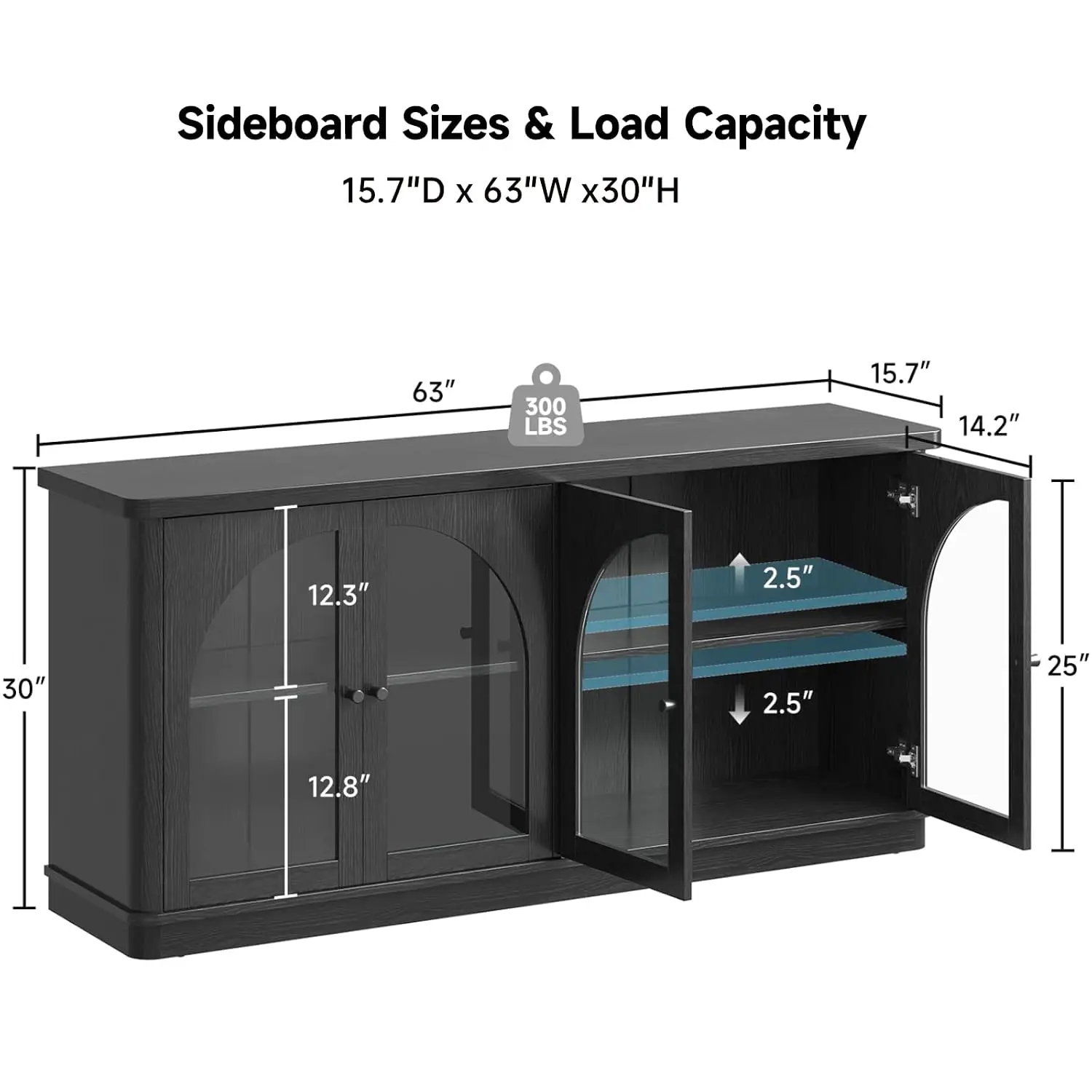 63 Inch Sideboard Buffet Cabinet Glass & 4 Doors Black, Customized