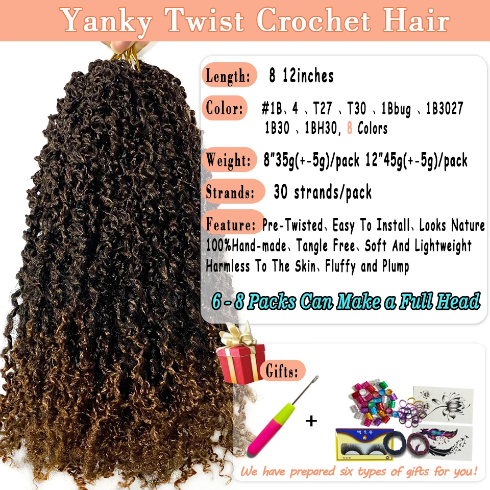 BEWILL Yanky Twist Crochet Braids 8”12” Pre-looped Synthetic Spring Twists Hair Senegalese Twist Crochet Hair with Curly Ends