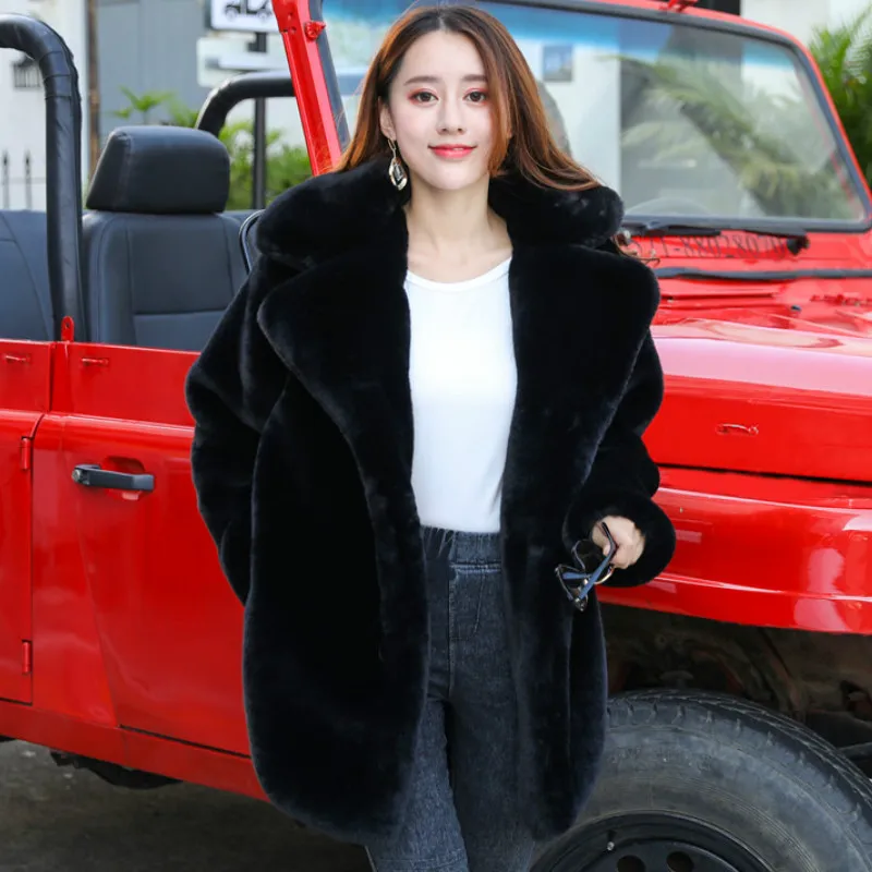 2023 New Women Winter Warm Faux Fur Coat Thick Women Middle -Long Overcoat Turn Down Collar Women Warm Female Casaco Feminino