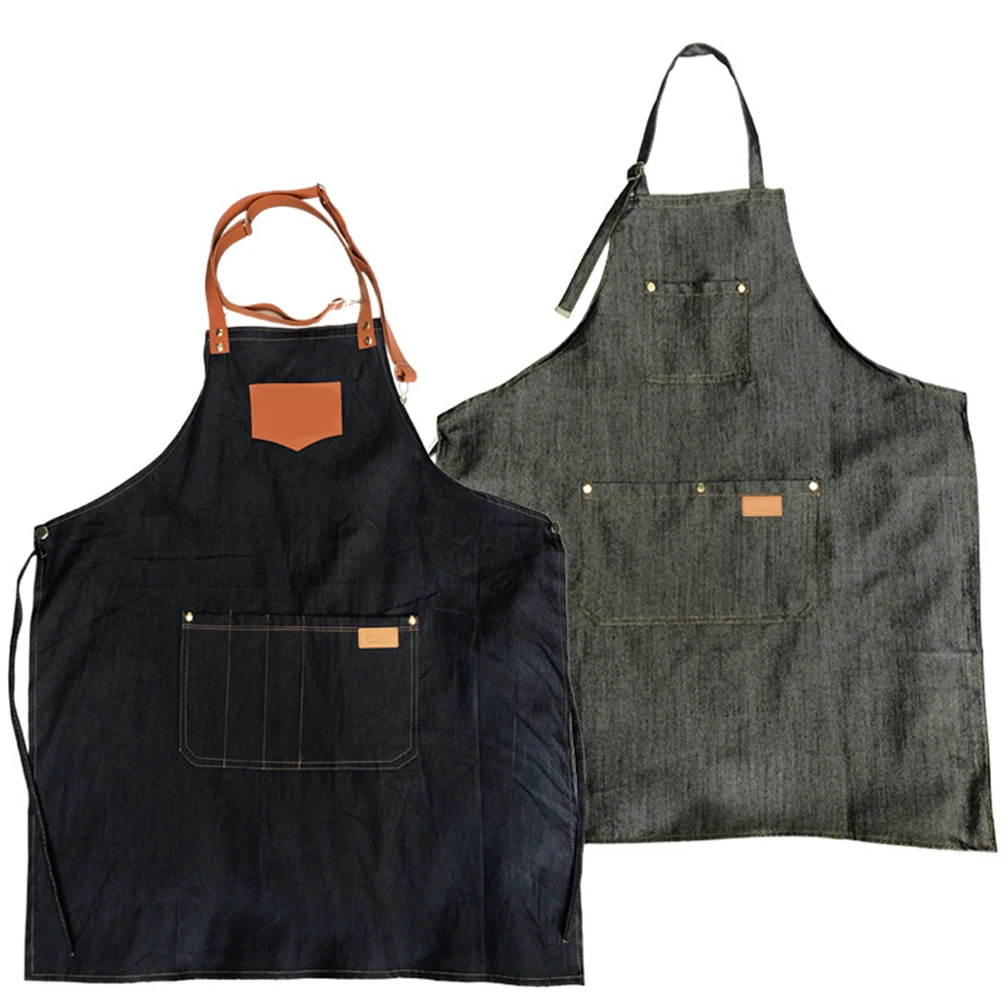 

Denim Apron Halter Neck Adjustable Straps Pocket Cooking Work Apron Work Clothes Accessories Chef Wear