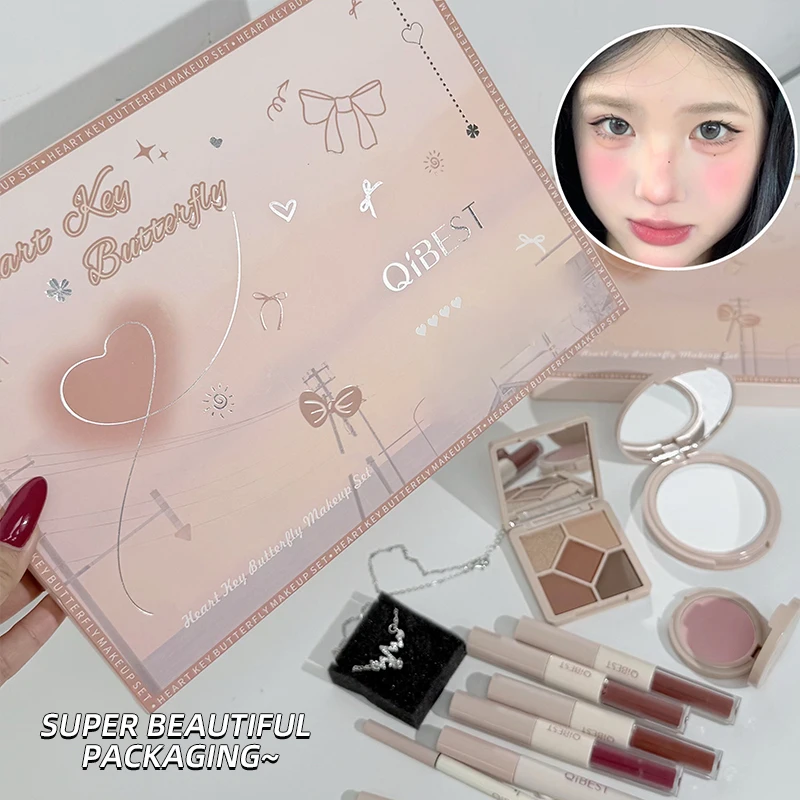 QIBEST-Juego de maquillaje facial, 4 unidades, esmalte de labios de doble extremo, polvo prensado, rubor, sombra de ojos, lápiz para cejas, delineador de ojos, cosméticos de regalo de aceite para labios