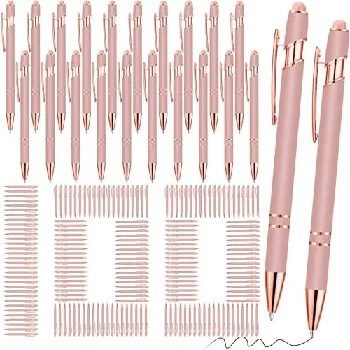 100 Pcs 2 in 1 Stylus Tip Ballpoint Pens, Rose Gold Metal Retractable Touch Screen Pen for iPad Tablet, Non-Slip Grip