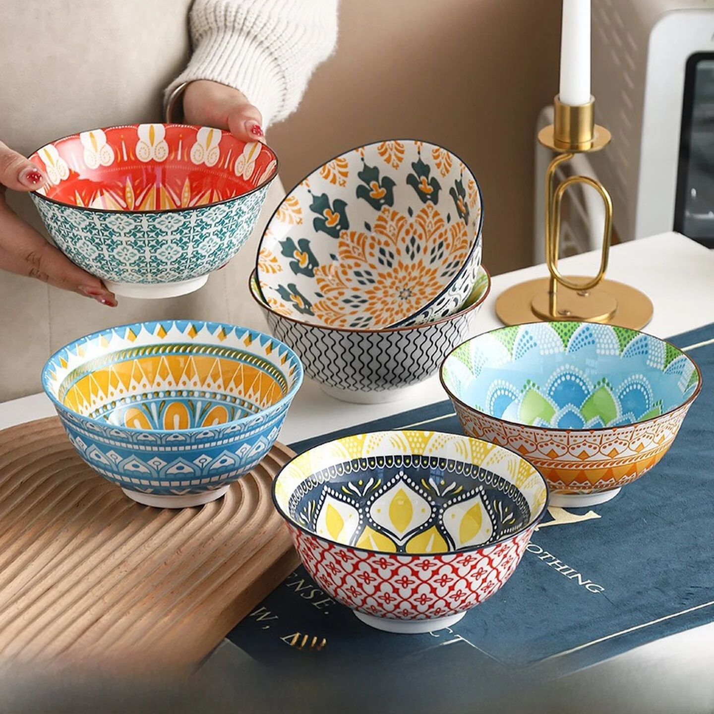 

n Cerc Bowl Luxury Underglaze Creative Dinnerware round Home Instant Noodles Rice Bowl Retro Sle Kitchen Utensils