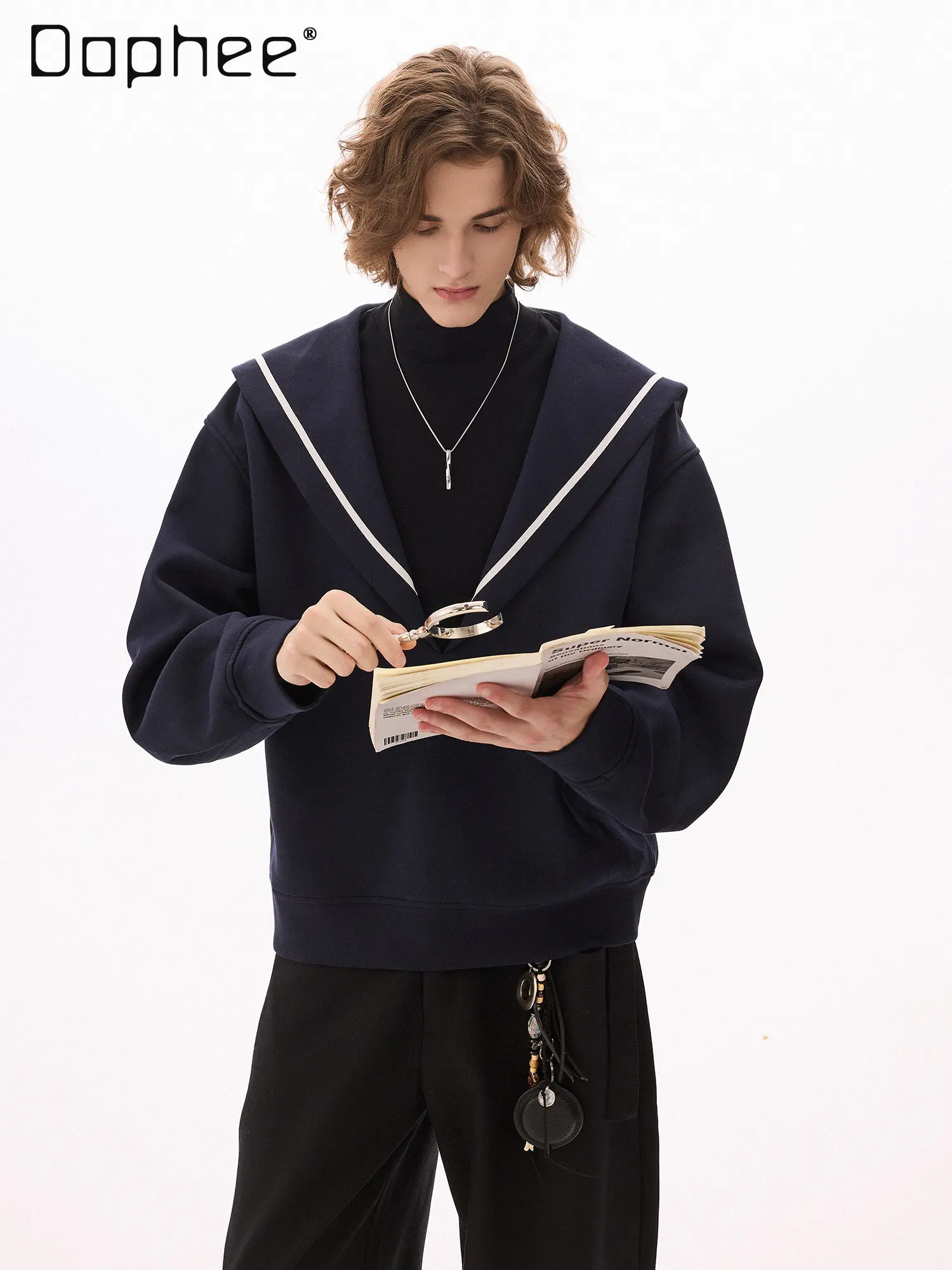 Spring and Autumn Navy Collar High-neck Loose Casual Versatile Design Fake Two-piece Spliced Men's Gray and Blue Sweatshirt