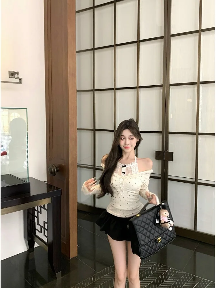 Camiseta larga Sve con nudo para mujer, Top de encaje con un solo hombro, conjunto de dos piezas ajustado, ropa informal para cita