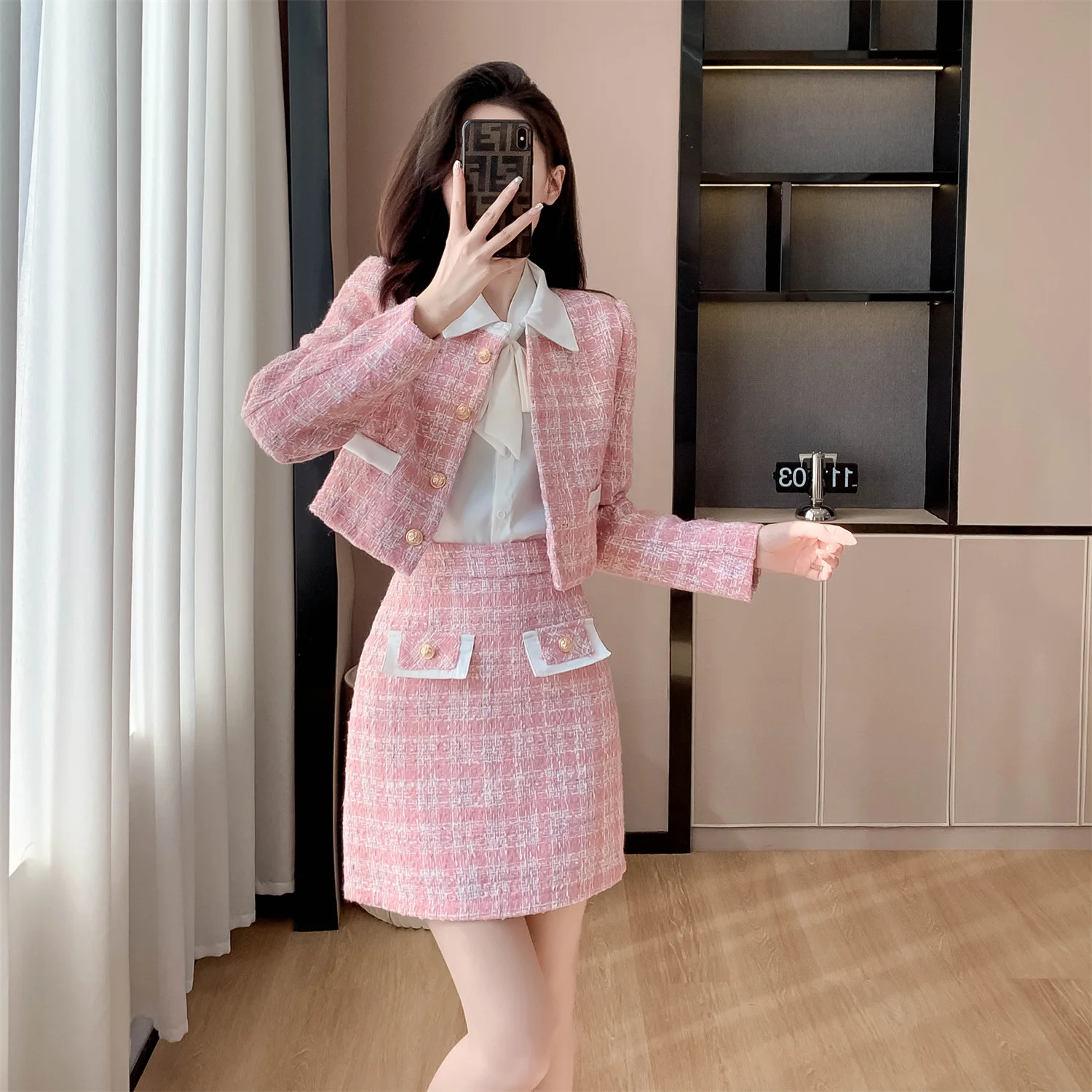 Women\'s Autumn Small Fragrant Style Lapel Cropped Jacket Blazer Half Skirt Set Vintage Tweed    Two-piece Sets