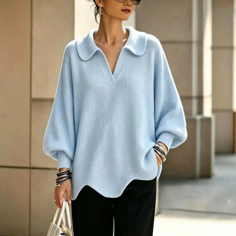 Sculptural Neckline Blouse Soft Knitted Pullover Tops Autumn Winter Knitted Sweater Women’s Lapel V-neck Pullover Solid Color
