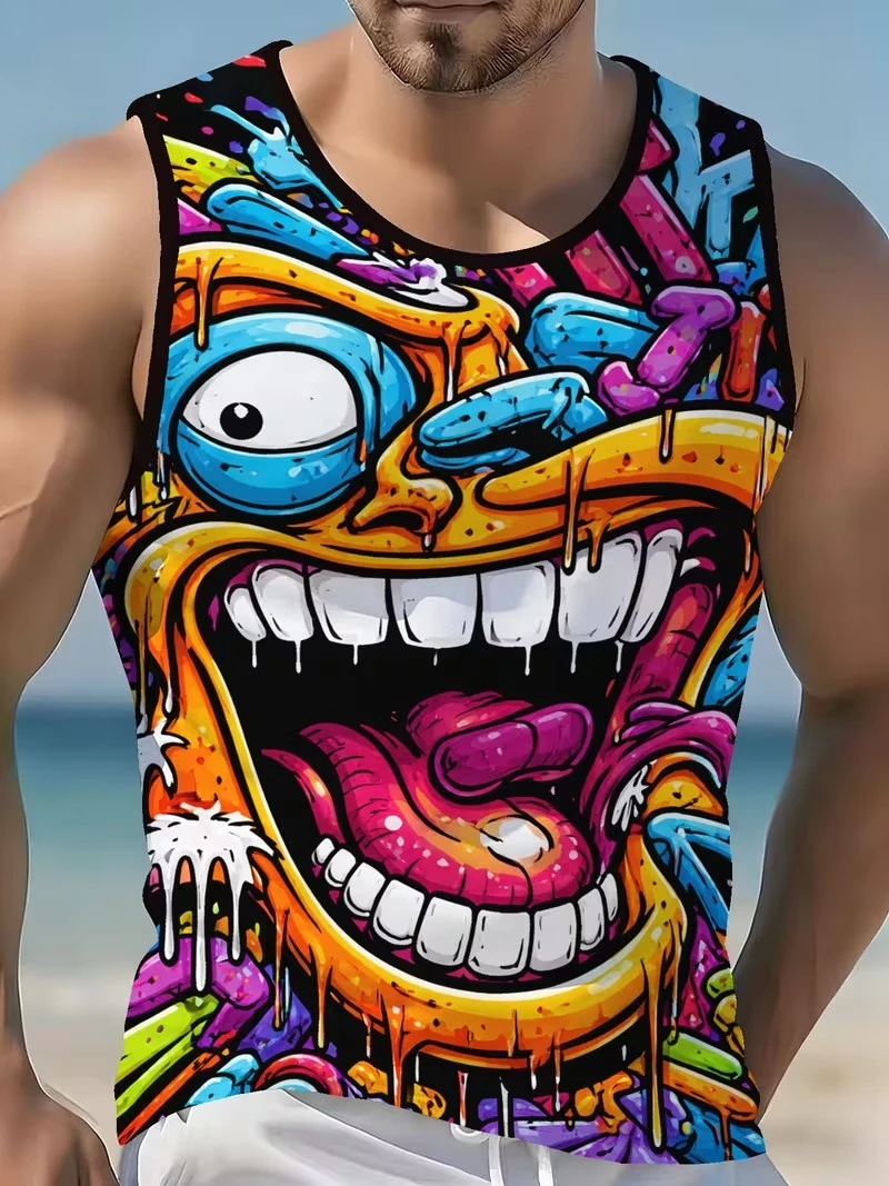 Herren 90er Hip-Hop Graffiti Boombox Print ärmelloses Tanktop – Atmungsaktives Freizeit-Rundhals-Unterhemd für Retro-Street-Sommer-Mode