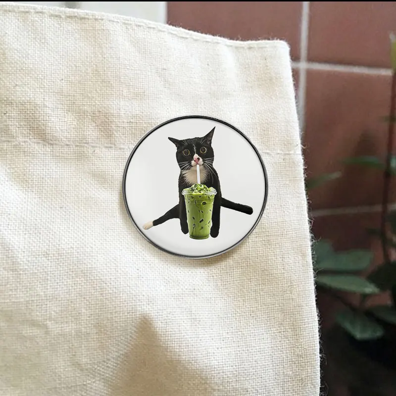 Matcha Bubble Tea Cat UV Printing Badge Meme Cat Drinking Green Drink Pin Cute Kitten Metal Brooch Gift For Cat Fans