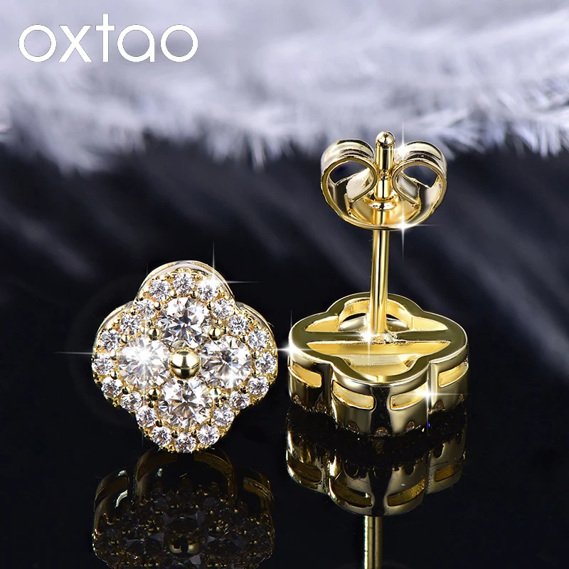 

Серьги-гвоздики OXTAO Four Clover с муассанитом, женские ювелирные украшения, серьги-цветы, 2,5 мм, имитация бриллианта, покрытие из золота 14K