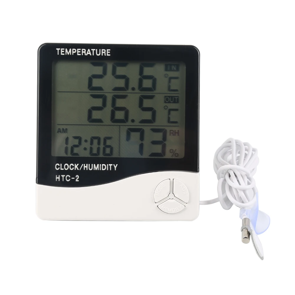 LCD Electronic Digital Temperature Humidity Meter Thermometer Hygrometer Indoor Outdoor Weather Station Clock HTC-2