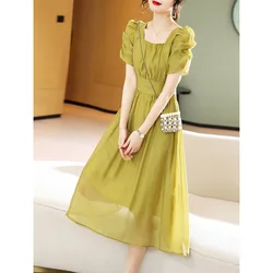 Fashion Square Collar Lace Up Bow Folds Puff Sleeve Midi Dress Women's Clothing Summer New Loose Korean Short Sleeve Dress